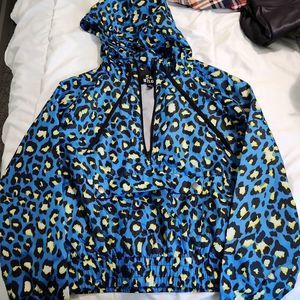 Say What blue leopard print women windbreaker rain jacket Large fall athleisure